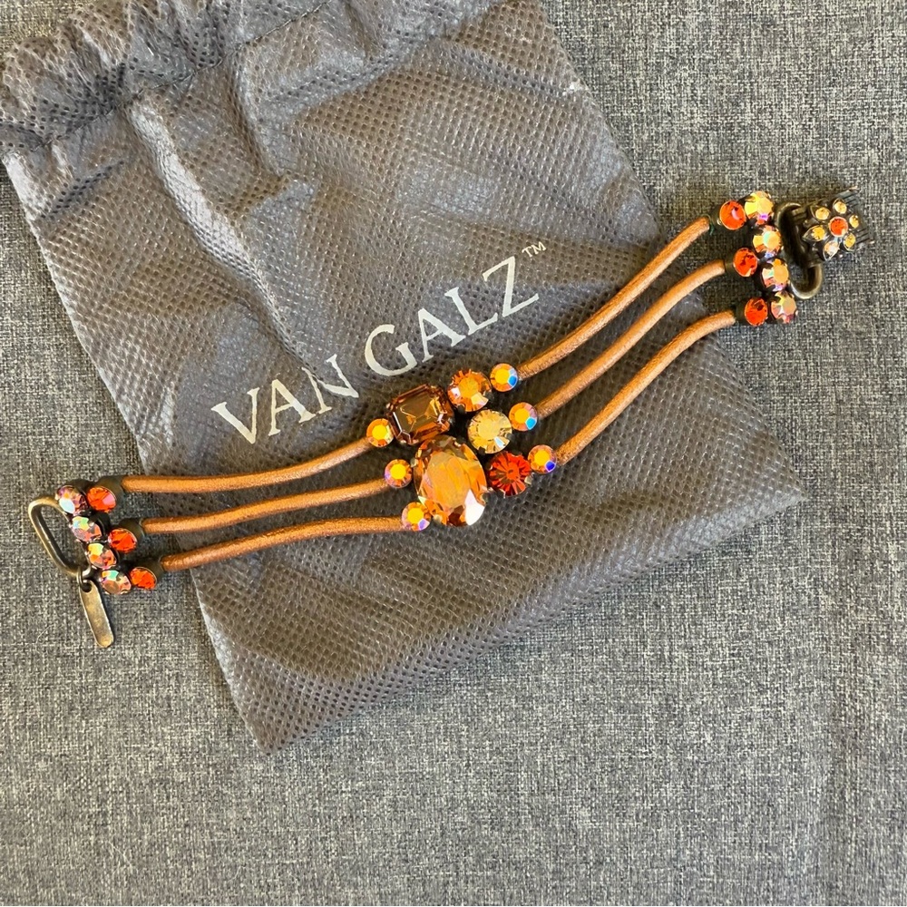 Vintage Van Galz Swarovski Crystal Amber Bracelet With Leather Straps